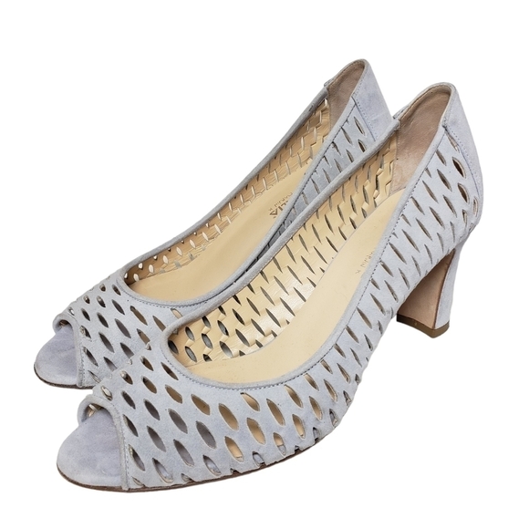 Aquatalia Gray Peep Toe Suede perforated heels  Sz 8 - Picture 1 of 11